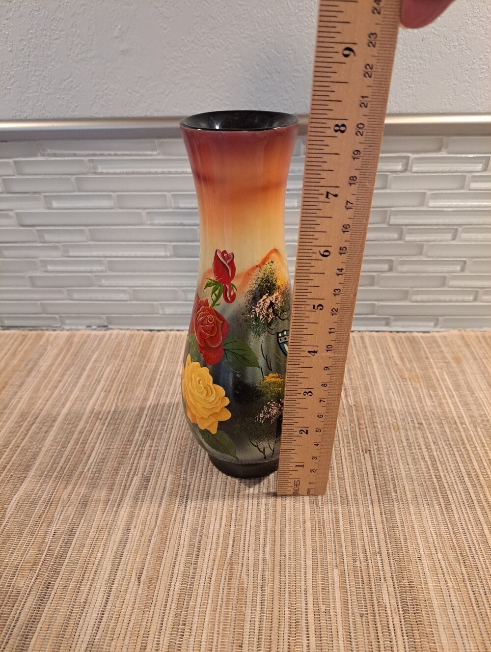 Hand Painted Oriental Style Wood Vase Mountains Flowers 8" Tall Vietnam - Picture 5 of 6